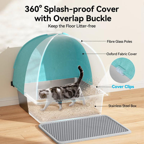 Meowant LB05 3-In-1 Stainless Steel Cat Litter Box Large Splash-Proof Odor-Resistant Detachable Cover Eco-Friendly Blue-Green Design with Oxford Fabric Cover and Litter Mat