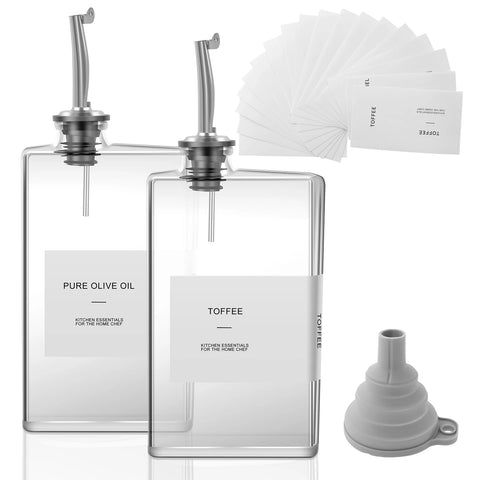 2Pcs 500Ml Olive Oil Dispenser Bottle Glass Oil Dispenser Rectangular Cooking Dispenser Transparent Olive Oil Bottle with Labels
