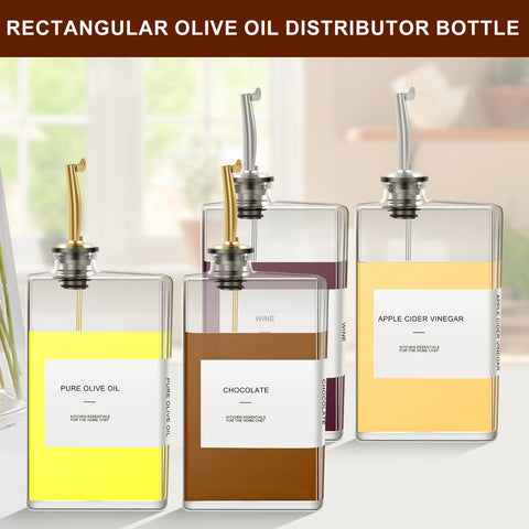 2Pcs 500Ml Olive Oil Dispenser Bottle Glass Oil Dispenser Rectangular Cooking Dispenser Transparent Olive Oil Bottle with Labels
