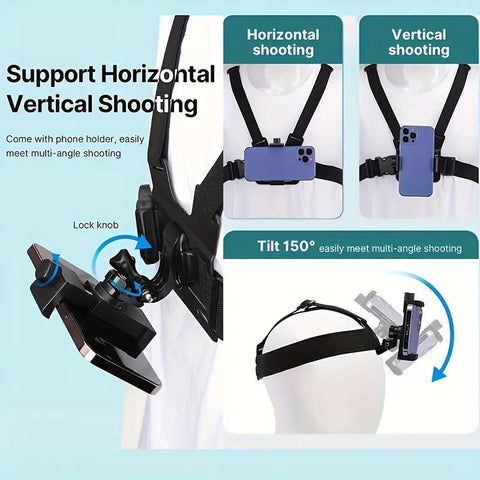 Action Camera Chest Strap Kit, Multifunctional Phone Clip Mount, Outdoor Shooting Accessories, Action Camera Accessories for Gopro/Phone/Osmo Action, Smartphone Accessories