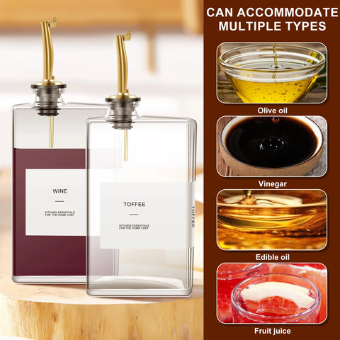 2Pcs 500Ml Olive Oil Dispenser Bottle Glass Oil Dispenser Rectangular Cooking Dispenser Transparent Olive Oil Bottle with Labels