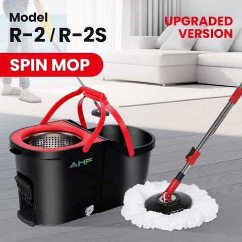 AHF NEW MODEL Microfiber Spin Mop R-2/R-2S Quick Dry & Clean 360° Rotation Floor Bucket Cleaning System Hands-Free Red Standard Model Convenient Foldable Design Saves Space Efficient Microfiber Head for Thorough Dirt Removal