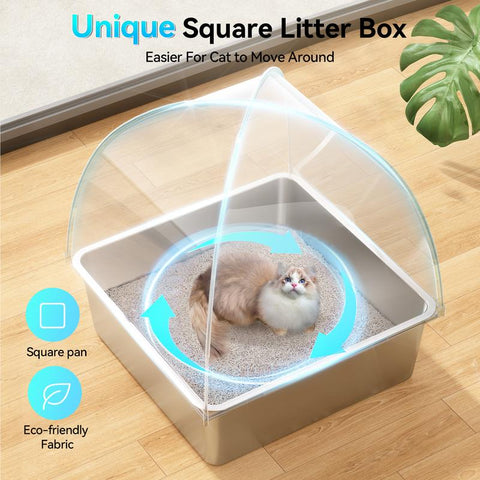 Meowant LB05 3-In-1 Stainless Steel Cat Litter Box Large Splash-Proof Odor-Resistant Detachable Cover Eco-Friendly Blue-Green Design with Oxford Fabric Cover and Litter Mat