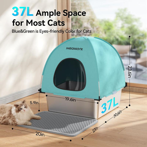 Meowant LB05 3-In-1 Stainless Steel Cat Litter Box Large Splash-Proof Odor-Resistant Detachable Cover Eco-Friendly Blue-Green Design with Oxford Fabric Cover and Litter Mat