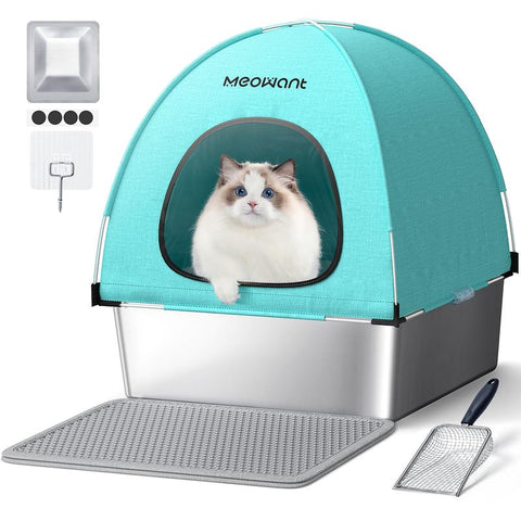 Meowant LB05 3-In-1 Stainless Steel Cat Litter Box Large Splash-Proof Odor-Resistant Detachable Cover Eco-Friendly Blue-Green Design with Oxford Fabric Cover and Litter Mat