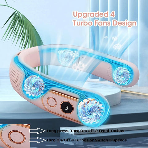 Portable Neck Fan, 4 Turbo, 3-Speed, 80 Blades, 0.59 Lb, Hands-Free, Foldable USB Fan for Travel