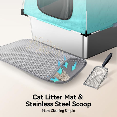 Meowant LB05 3-In-1 Stainless Steel Cat Litter Box Large Splash-Proof Odor-Resistant Detachable Cover Eco-Friendly Blue-Green Design with Oxford Fabric Cover and Litter Mat