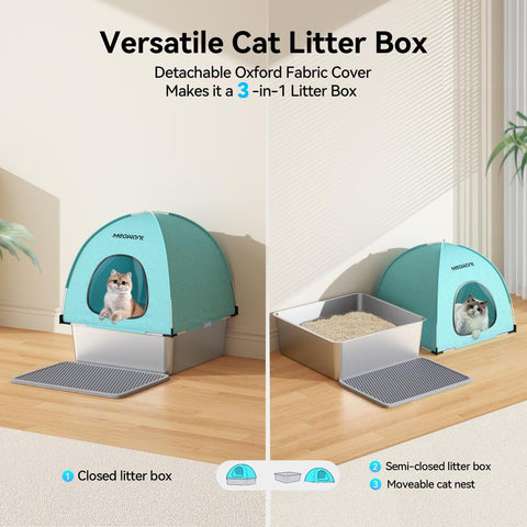 Meowant LB05 3-In-1 Stainless Steel Cat Litter Box Large Splash-Proof Odor-Resistant Detachable Cover Eco-Friendly Blue-Green Design with Oxford Fabric Cover and Litter Mat