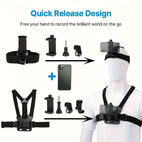 Action Camera Chest Strap Kit, Multifunctional Phone Clip Mount, Outdoor Shooting Accessories, Action Camera Accessories for Gopro/Phone/Osmo Action, Smartphone Accessories