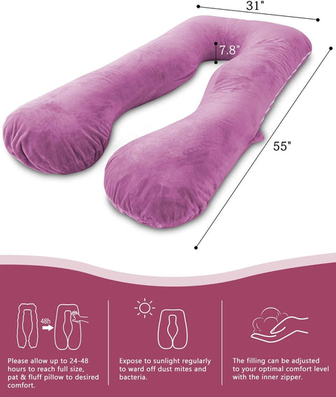 Pregnancy Body Pillow,Maternity Body Pillow with Pillow Cover,U Shaped Body Pillow (Purple Pink)